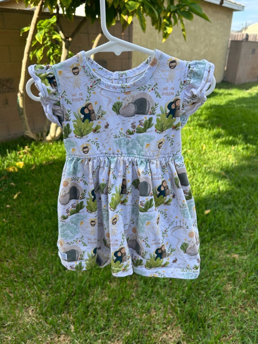 Girls' White & Green Easter Print Casual Dress